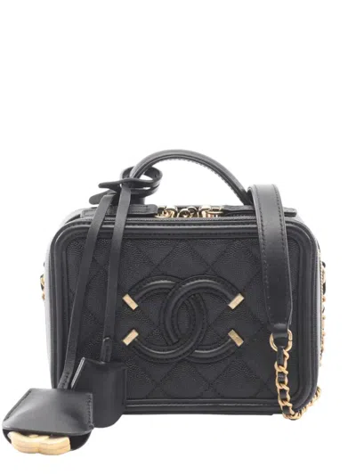 Pre-owned Chanel 2018 Small Caviar Cc Filigree Vanity Case Satchel In Black