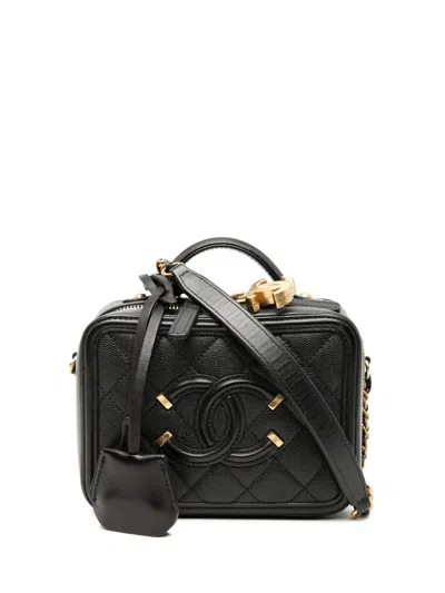 Pre-owned Chanel 2018 Small Caviar Cc Filigree Vanity Case Satchel In Black