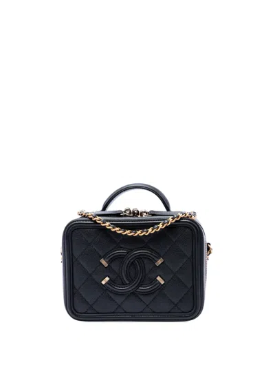 Pre-owned Chanel 2018 Small Caviar Cc Filigree Vanity Case Satchel In Black