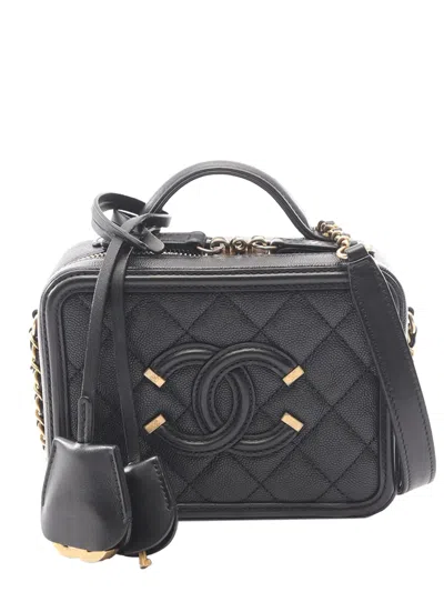 Pre-owned Chanel 2018 Small Caviar Cc Filigree Vanity Case Satchel In Black
