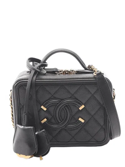 Pre-owned Chanel 2018 Small Caviar Cc Filigree Vanity Case Satchel In Black