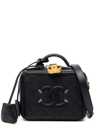 Pre-owned Chanel 2018 Small Caviar Cc Filigree Vanity Case Satchel In Blue