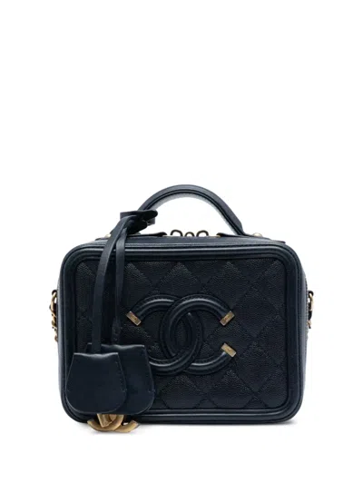 Pre-owned Chanel 2018 Small Caviar Cc Filigree Vanity Case Satchel In Blue