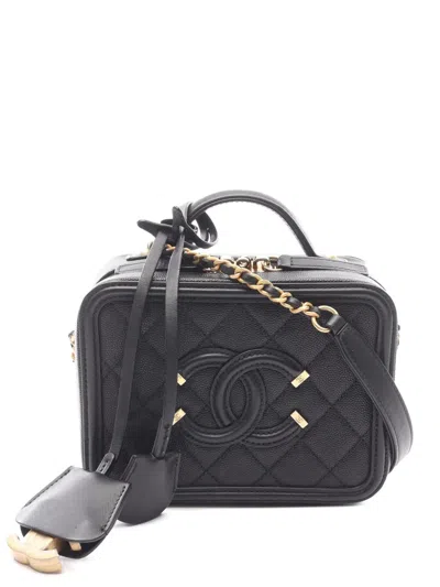 Pre-owned Chanel 2018 Small Caviar Filigree Vanity Case Satchel In Black