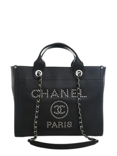 Pre-owned Chanel 2018 Small Caviar Studded Deauville Tote Satchel In Black