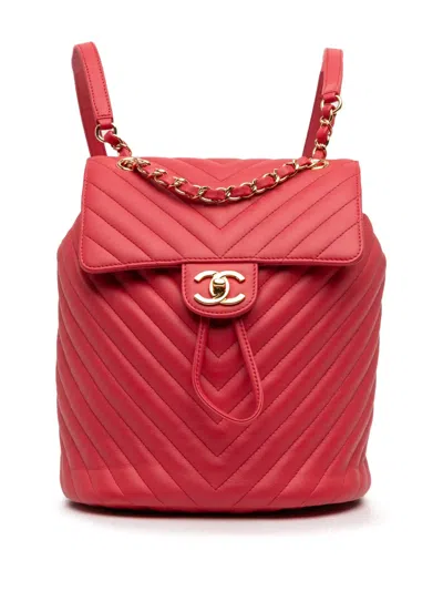Pre-owned Chanel 2018 Small Chevron Calfskin Urban Spirit Backpack In Red