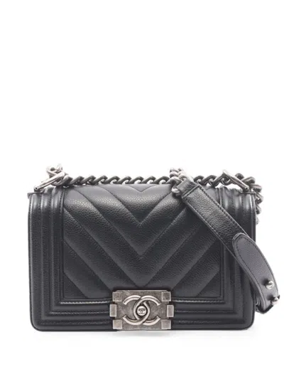 Pre-owned Chanel 2018 Small Chevron Caviar Boy Flap Crossbody Bag In Black