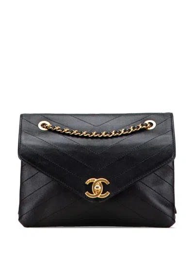 Pre-owned Chanel 2018 Small Chevron Lambskin Stitched Envelope Flap Shoulder Bag In Black