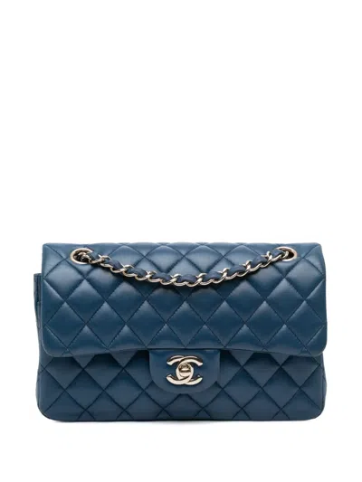 Pre-owned Chanel 2018 Small Classic Lambskin Double Flap Shoulder Bag In Blue