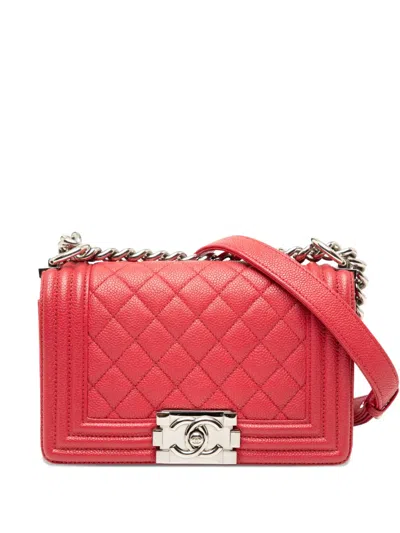 Pre-owned Chanel 2018 Small Quilted Caviar Boy Flap Crossbody Bag In Red