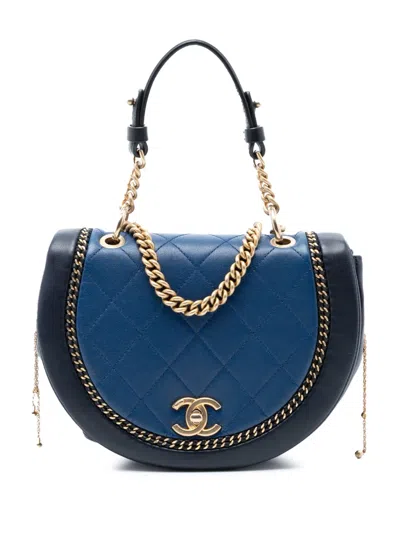 Pre-owned Chanel 2018 Small Quilted Lambskin Chain Detail Saddle Bag Satchel In Blue