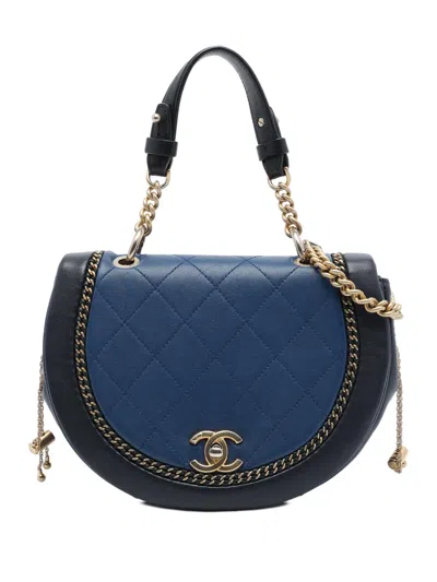 Pre-owned Chanel 2018 Small Quilted Lambskin Chain Detail Saddle Bag Satchel In Blue