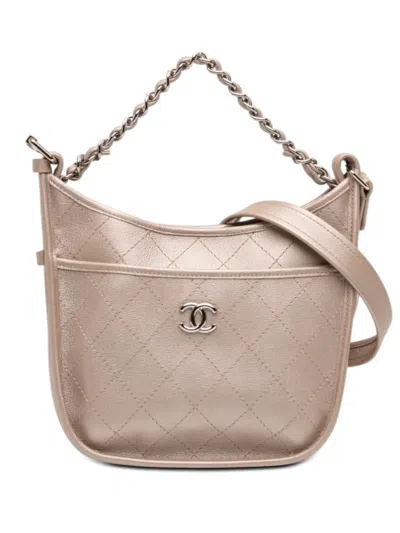 Pre-owned Chanel 2018 Small Quilted Metallic Calfskin Jungle Stroll Hobo Satchel In Pink