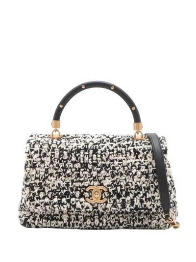 Pre-owned Chanel 2018 Small Quilted Tweed Coco Top Handle Bag Satchel In Black