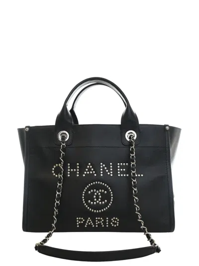 Pre-owned Chanel 2018 Small Studded Caviar Deauville Tote Satchel In Black