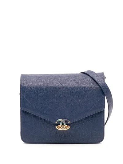 Pre-owned Chanel 2018 Square Quilted Grained Calfskin Cuba Thread Around Wallet On Chain Crossbody Bag In Blue