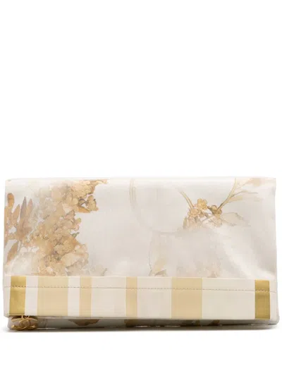 Pre-owned Chanel 2018 Xl Printed Canvas And Striped Lambskin Foldover Clutch Bag In White