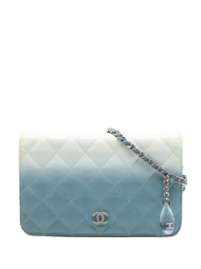 Pre-owned Chanel 2018-2018 Cc Quilted Ombre Patent And Aged Calfskin Crystal Wallet On Chain Crossbody Bag In Blue