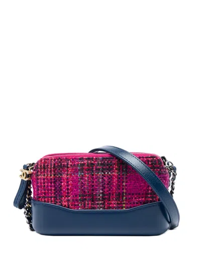 Pre-owned Chanel 2018-2019 Bicolor Tweed Gabrielle Double Zip Clutch With Chain Crossbody Bag In Pink