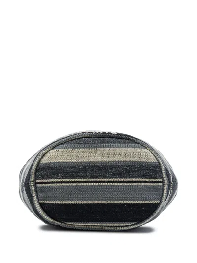Pre-owned Chanel 2018-2019 Canvas And Wool Striped Deauville Drawstring Bucket Bag In Grey