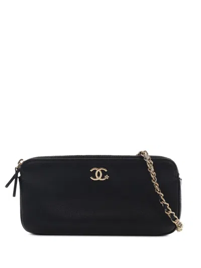 Pre-owned Chanel 2018-2019 Cc Calfskin Double Zip Wallet On Chain Crossbody Bag In Black
