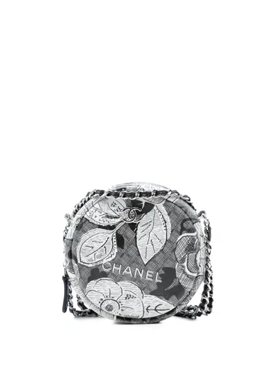 Pre-owned Chanel 2018-2019 Cc Calfskin Floral Round Clutch On Chain Crossbody Bag In Gray