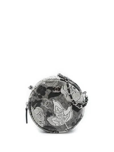 Pre-owned Chanel 2018-2019 Cc Calfskin Floral Round Clutch With Chain Crossbody Bag In Black