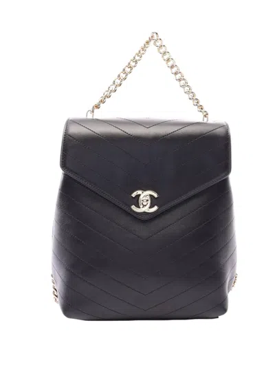Pre-owned Chanel 2018-2019 Cc Chevron Lambskin Backpack In Black