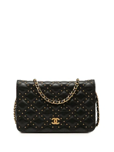 Pre-owned Chanel 2018-2019 Cc Lambskin Studded Diamond Stitch Wallet On Chain Crossbody Bag In Black