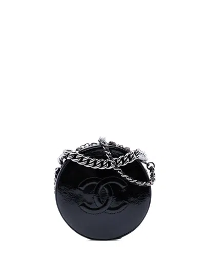 Pre-owned Chanel 2018-2019 Cc Patent Round As Earth Bag Satchel In Black