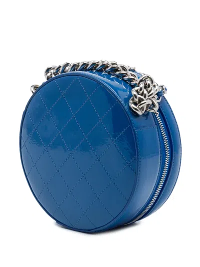 Pre-owned Chanel 2018-2019 Cc Patent Round As Earth Bag Satchel In Blue