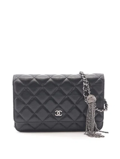 Pre-owned Chanel 2018-2019 Cc Quilted Aged Calfskin Tassel Wallet On Chain Crossbody Bag In Black