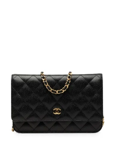 Pre-owned Chanel 2018-2019 Cc Quilted Caviar Wallet On Chain Crossbody Bag In Black