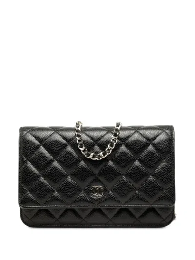 Pre-owned Chanel 2018-2019 Cc Quilted Caviar Wallet On Chain Crossbody Bag In Black