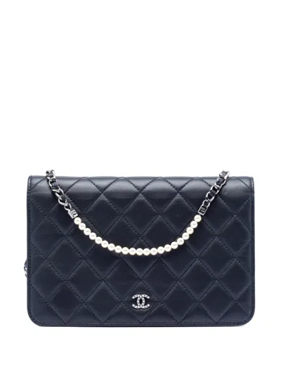 Pre-owned Chanel 2018-2019 Cc Quilted Lambskin Pearl Strap Wallet On Chain Crossbody Bag In Blue
