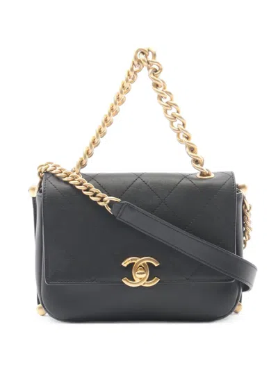 Pre-owned Chanel 2018-2019 Cc Stitched Calfskin Chain Flap Satchel In Black