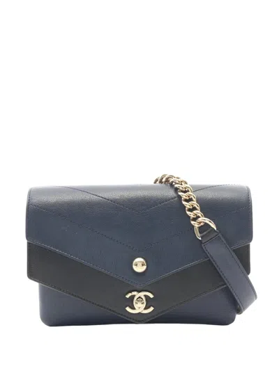 Pre-owned Chanel 2018-2019 Chevron Calfskin Double Envelope Flap Belt Bag In Blue