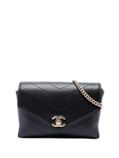 Pre-owned Chanel 2018-2019 Chevron Calfskin Stitched Coco Belt Bag In Black