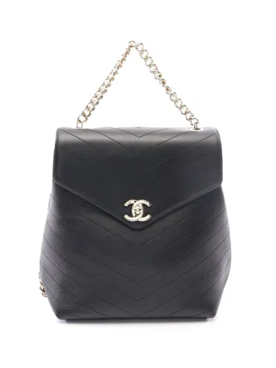 Pre-owned Chanel 2018-2019 Chevron Lambskin Backpack In Black