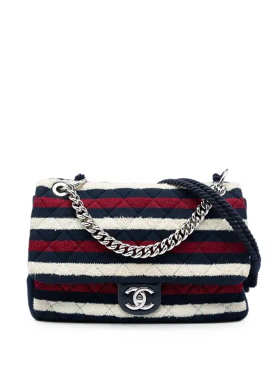 Pre-owned Chanel 2018-2019 Jumbo Stripe Jersey Felt And Rope Flap Satchel In Blue