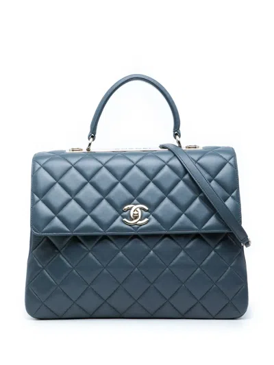 Pre-owned Chanel 2018-2019 Large Lambskin Trendy Cc Top Handle Flap Satchel In Blue