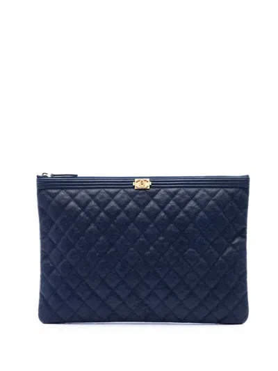 Pre-owned Chanel 2018-2019 Large Quilted Caviar Boy O Case Clutch Bag In Blue