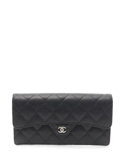 Pre-owned Chanel 2018-2019 Matelassé Caviar Leather Wallet In Black