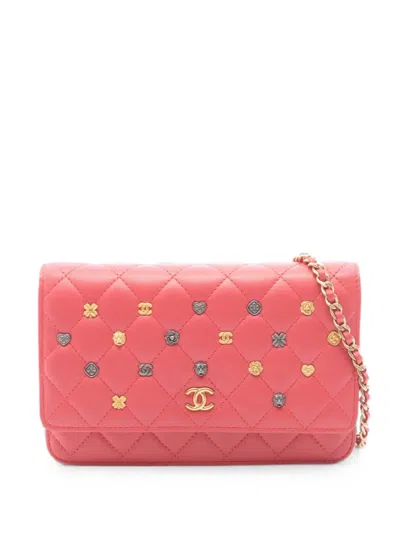 Pre-owned Chanel 2018-2019 Matelassé Icon Charm Chain Wallet Mini Crossbody Bag In Pink