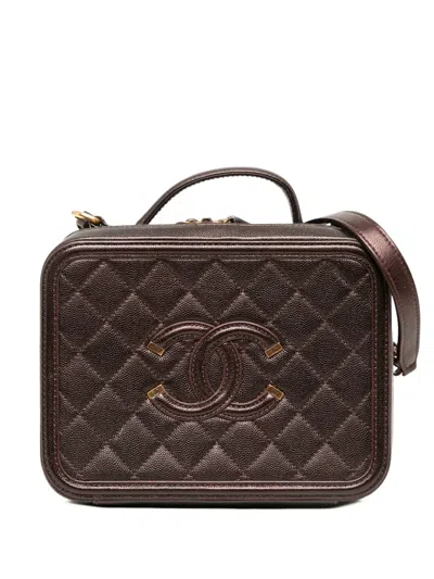 Pre-owned Chanel 2018-2019 Medium Iridescent Caviar Cc Filigree Vanity Case Satchel In Red