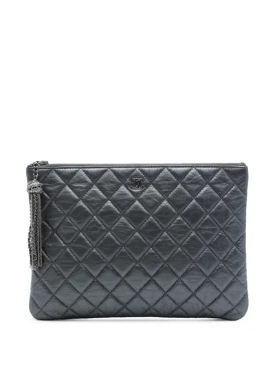 Pre-owned Chanel 2018-2019 Medium Quilted Aged Calfskin Chain Tassel O Case Clutch Bag In Grey