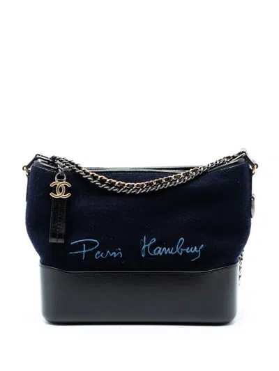 Pre-owned Chanel 2018-2019 Medium Wool Paris Hamburg Embroidered Gabrielle Hobo Crossbody Bag In Blue