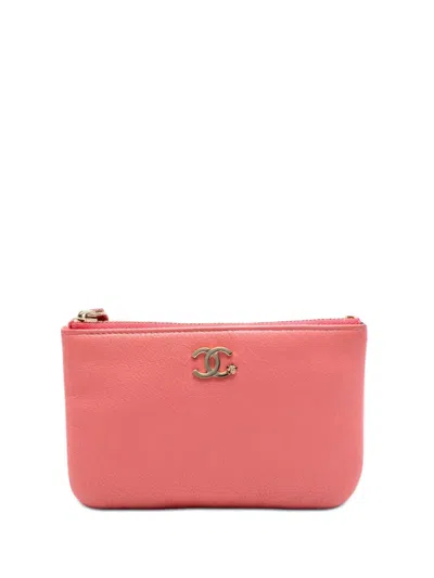 Pre-owned Chanel 2018-2019 Mini Cc Goatskin Camellia O Case Zip Pouch In Pink