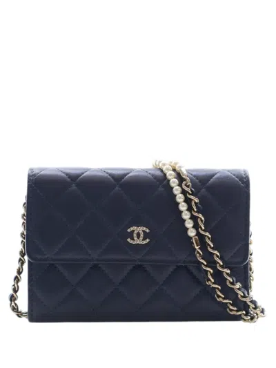 Pre-owned Chanel 2018-2019 Mini Cc Quilted Lambskin Pearl Wallet On Chain Crossbody Bag In Blue