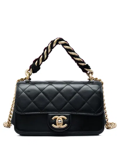 Pre-owned Chanel 2018-2019 Mini Quilted Calfskin Straight Lined Flap Satchel In Black